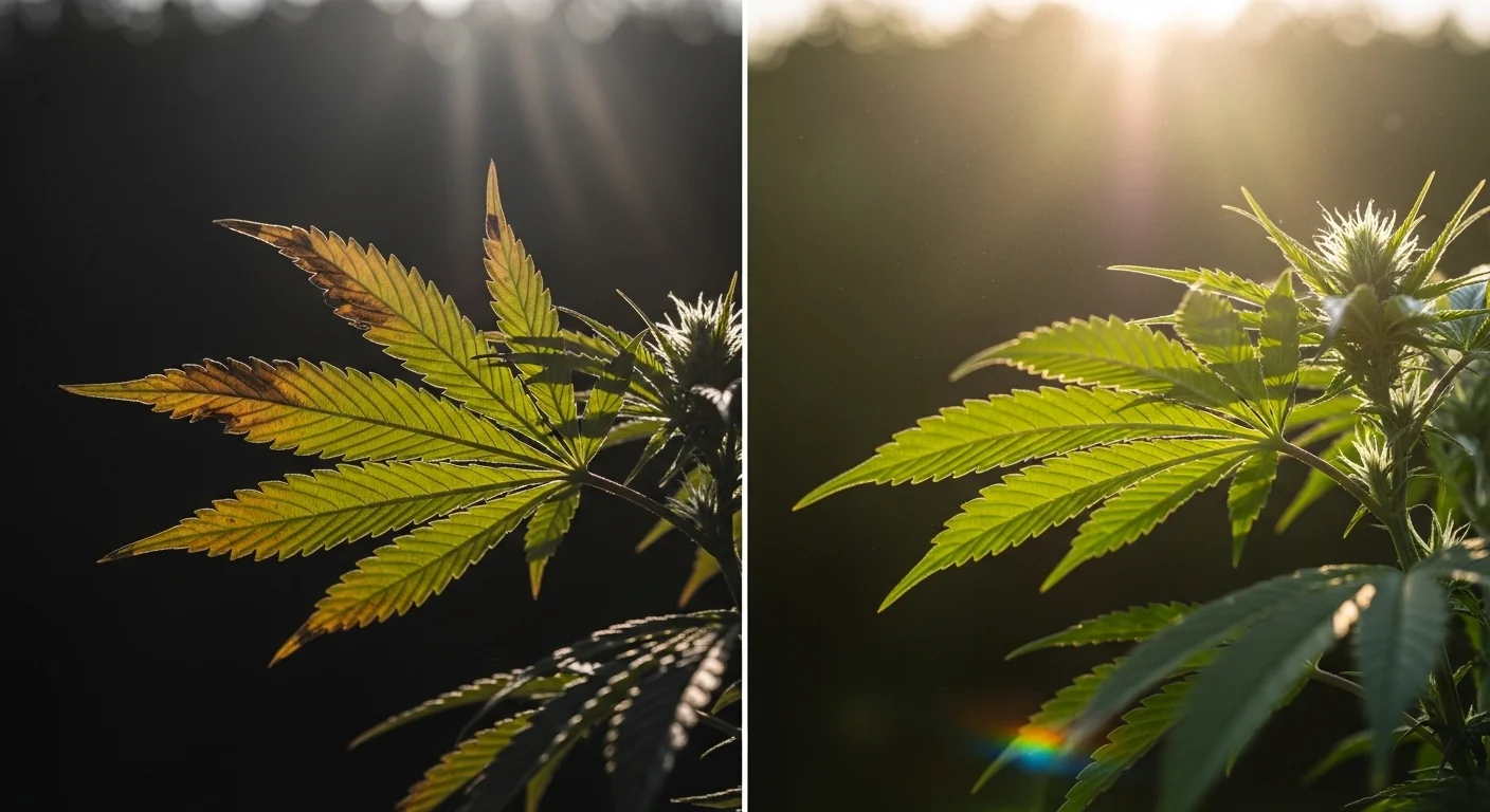 A Grow Room CFM Calculator visual showing wind burned leaves versus healthy vibrating plant canopy.