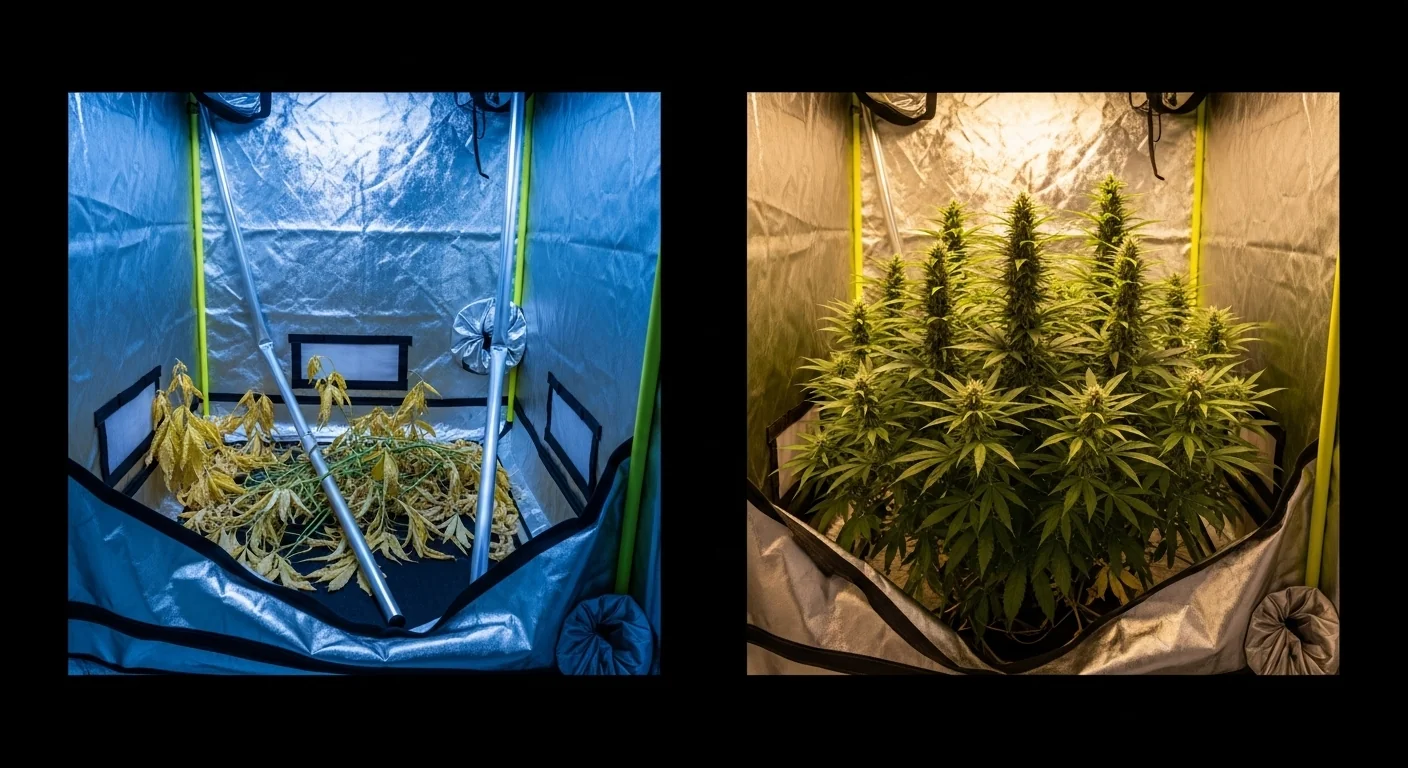 Split screen comparing a buckled grow tent to a healthy environment optimized by a Grow Tent CFM Calculator.