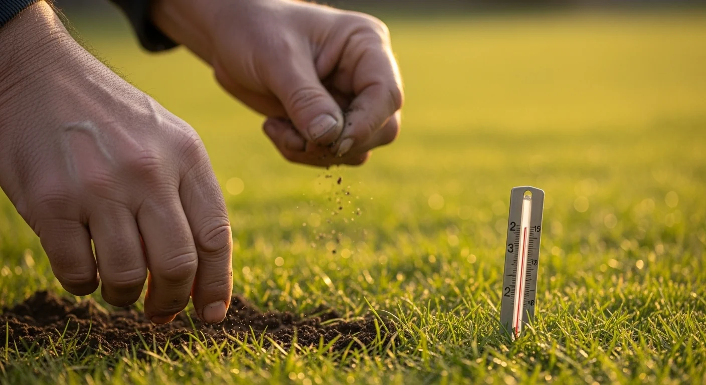 Gardener's hands applying pre-emergent herbicide at the precise timing determined by Growing Degree Days Calculator