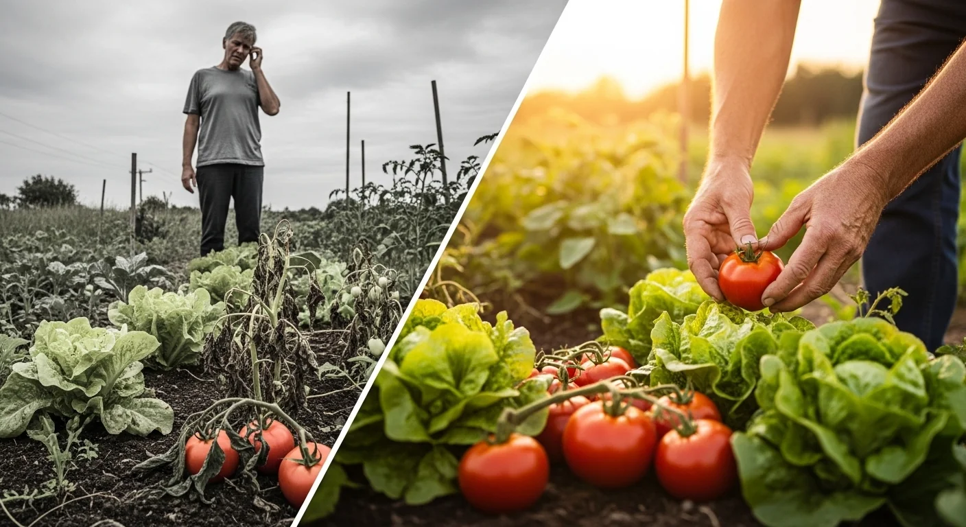 Harvest date calculator before and after garden comparison showing missed vs perfect harvest timing