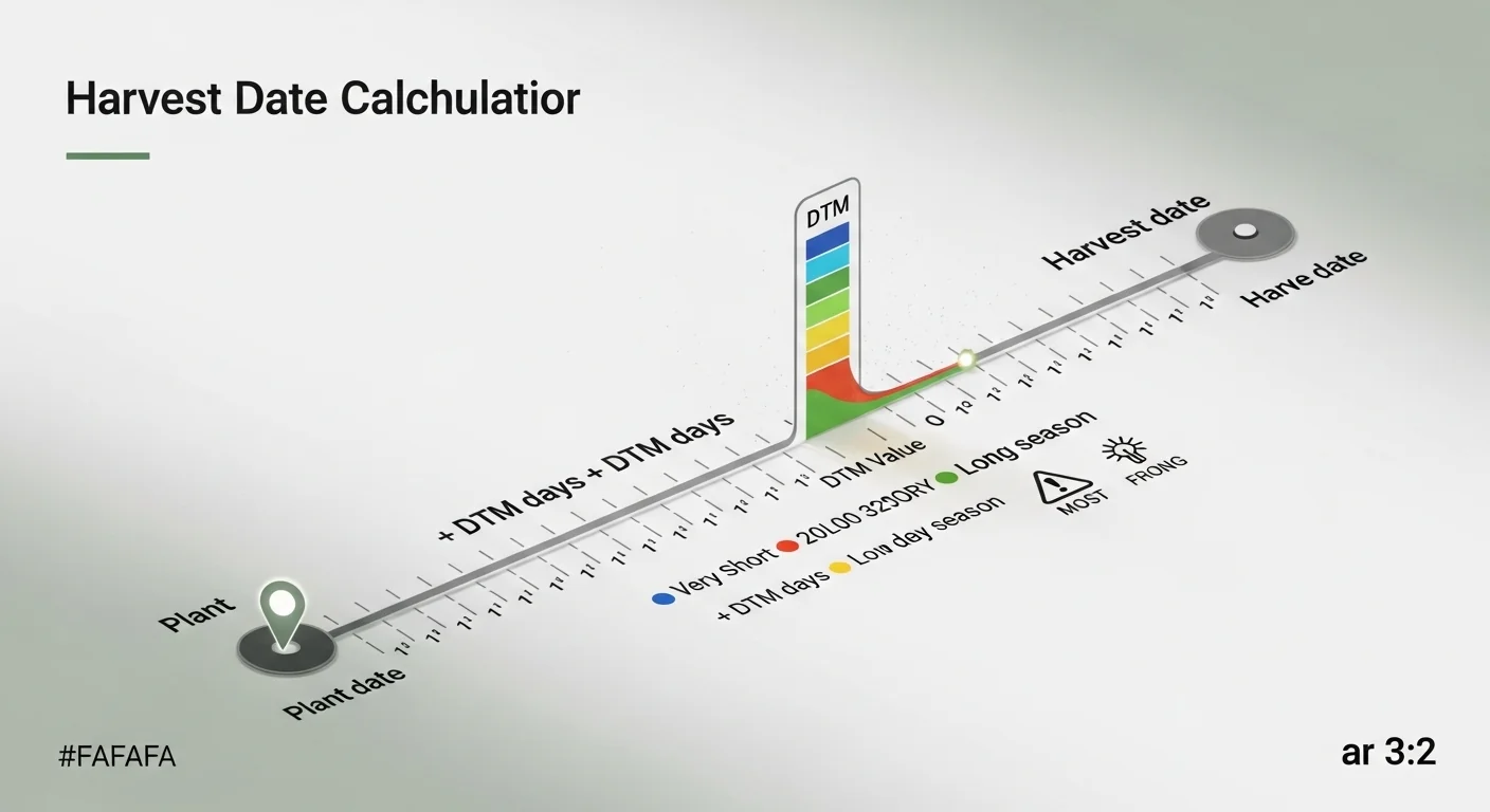 Harvest date calculator logic showing plant date plus DTM equals precise harvest date with timeline