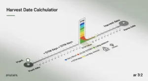 Harvest date calculator logic showing plant date plus DTM equals precise harvest date with timeline