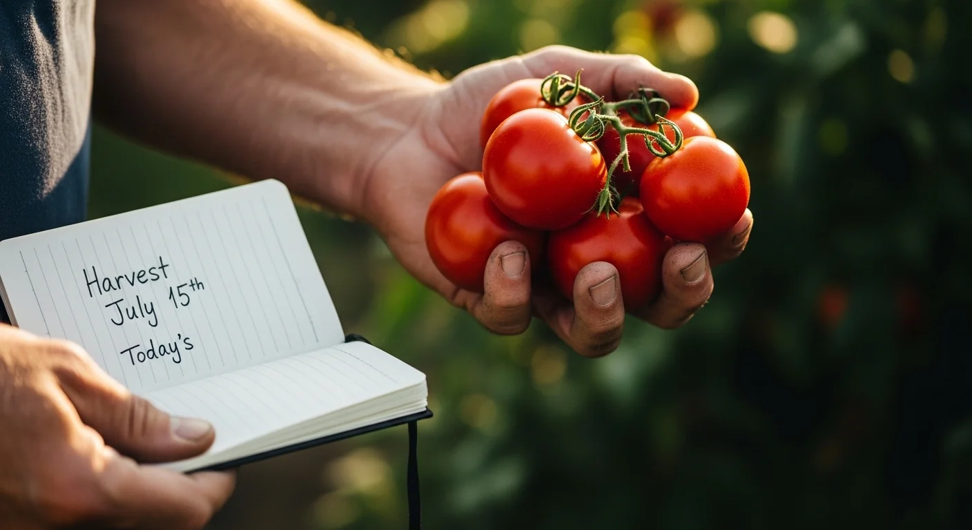 Gardener using harvest date calculator results to check ripe tomatoes at the perfect time