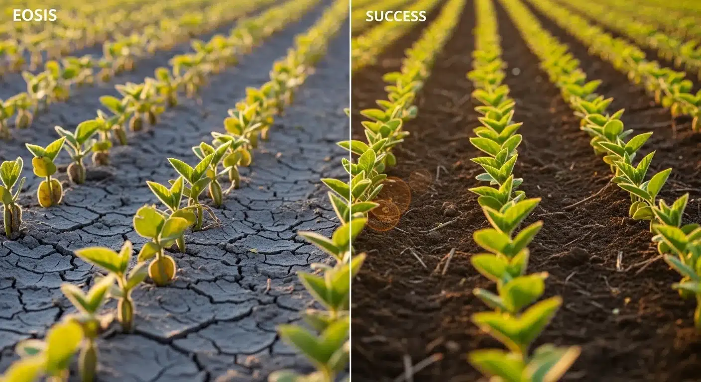 Herbicide Carryover Calculator visual showing dead yellow soybean sprouts versus healthy green seedlings.