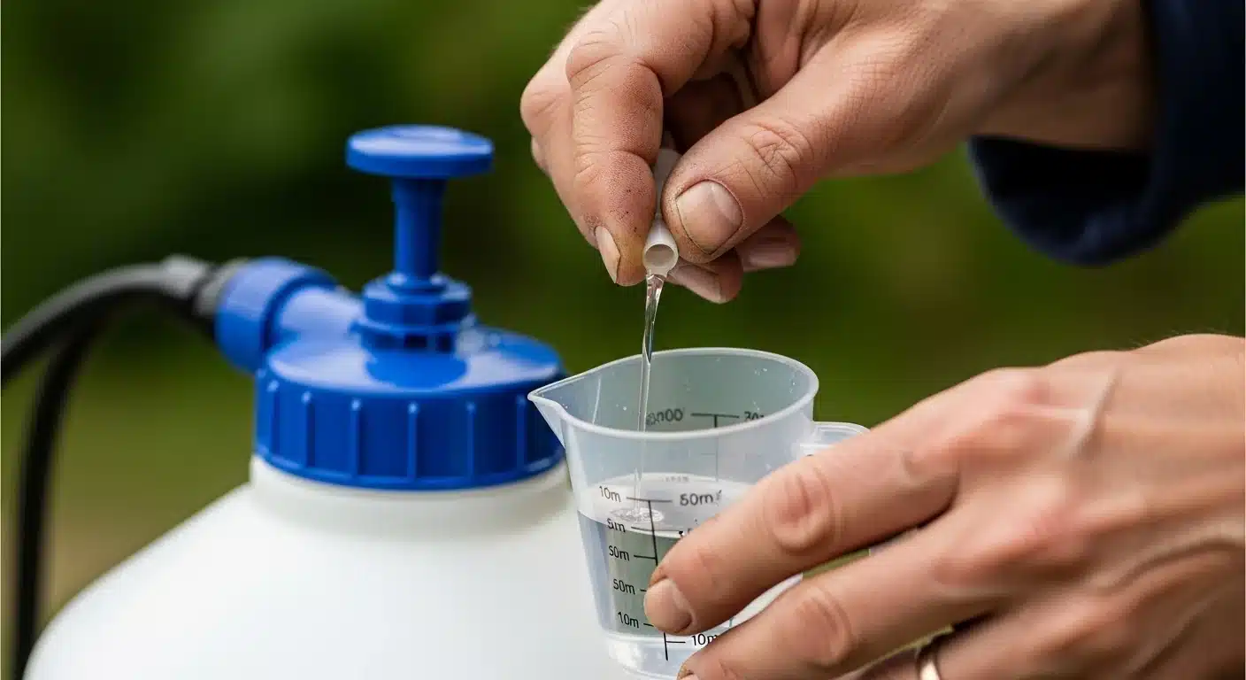 Close-up of hands measuring herbicide for application, relevant to the Herbicide Carryover Calculator.
