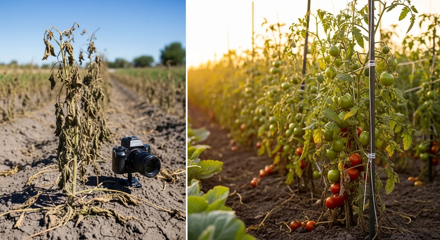Split screen showing a parched garden versus a lush garden using the Water Hose Flow Rate Calculator.