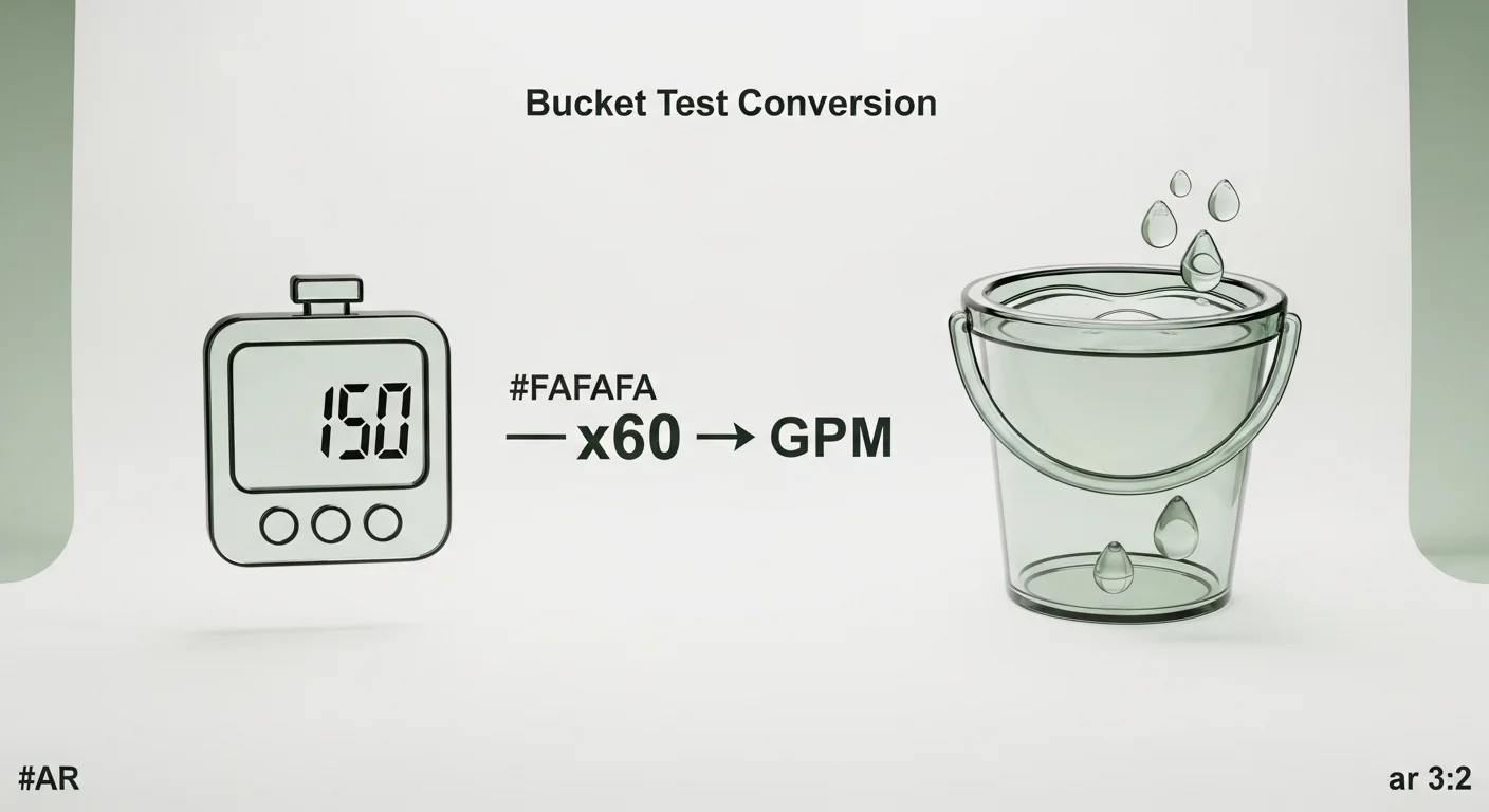 3D infographic showing how a Water Hose Flow Rate Calculator converts bucket volume to GPM.