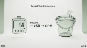 3D infographic showing how a Water Hose Flow Rate Calculator converts bucket volume to GPM.