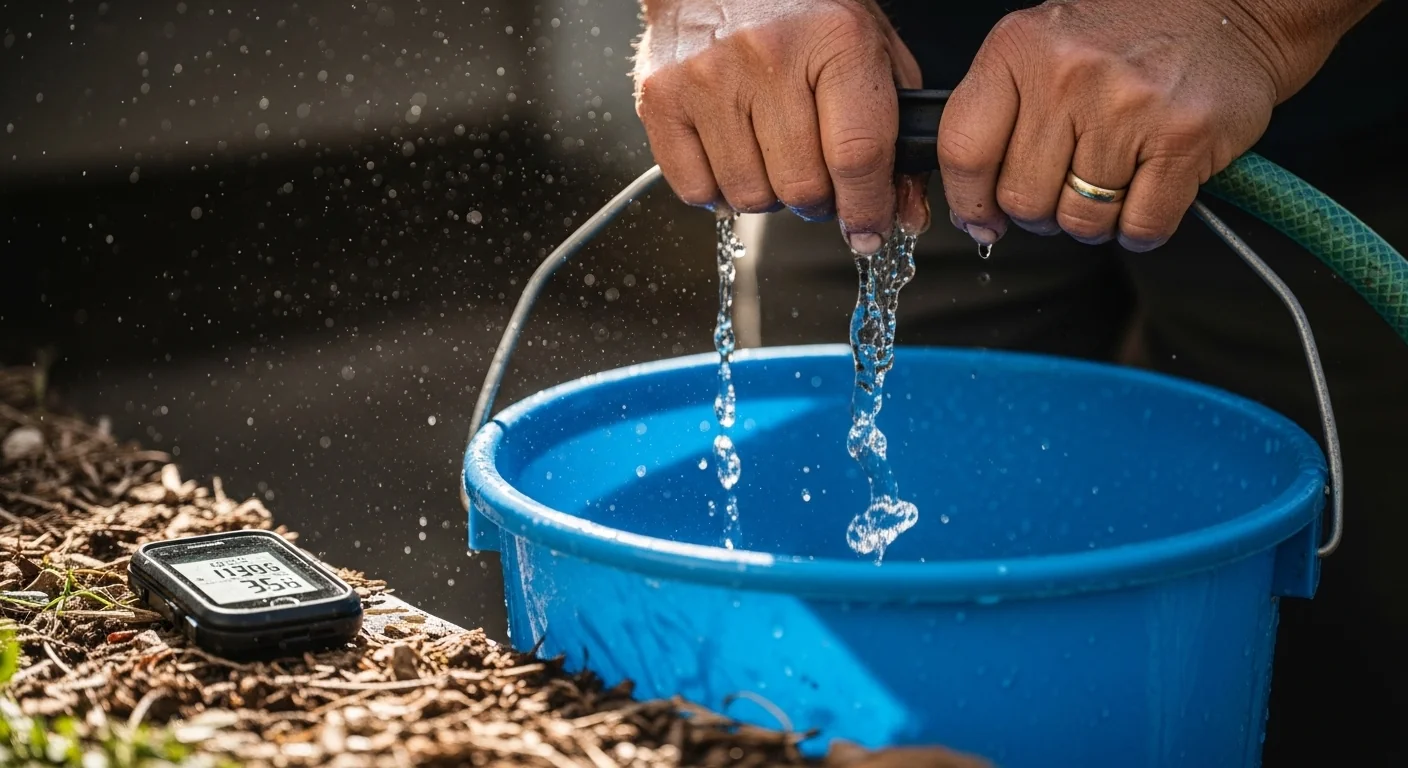 Close up of hands performing a bucket test for the Water Hose Flow Rate Calculator.