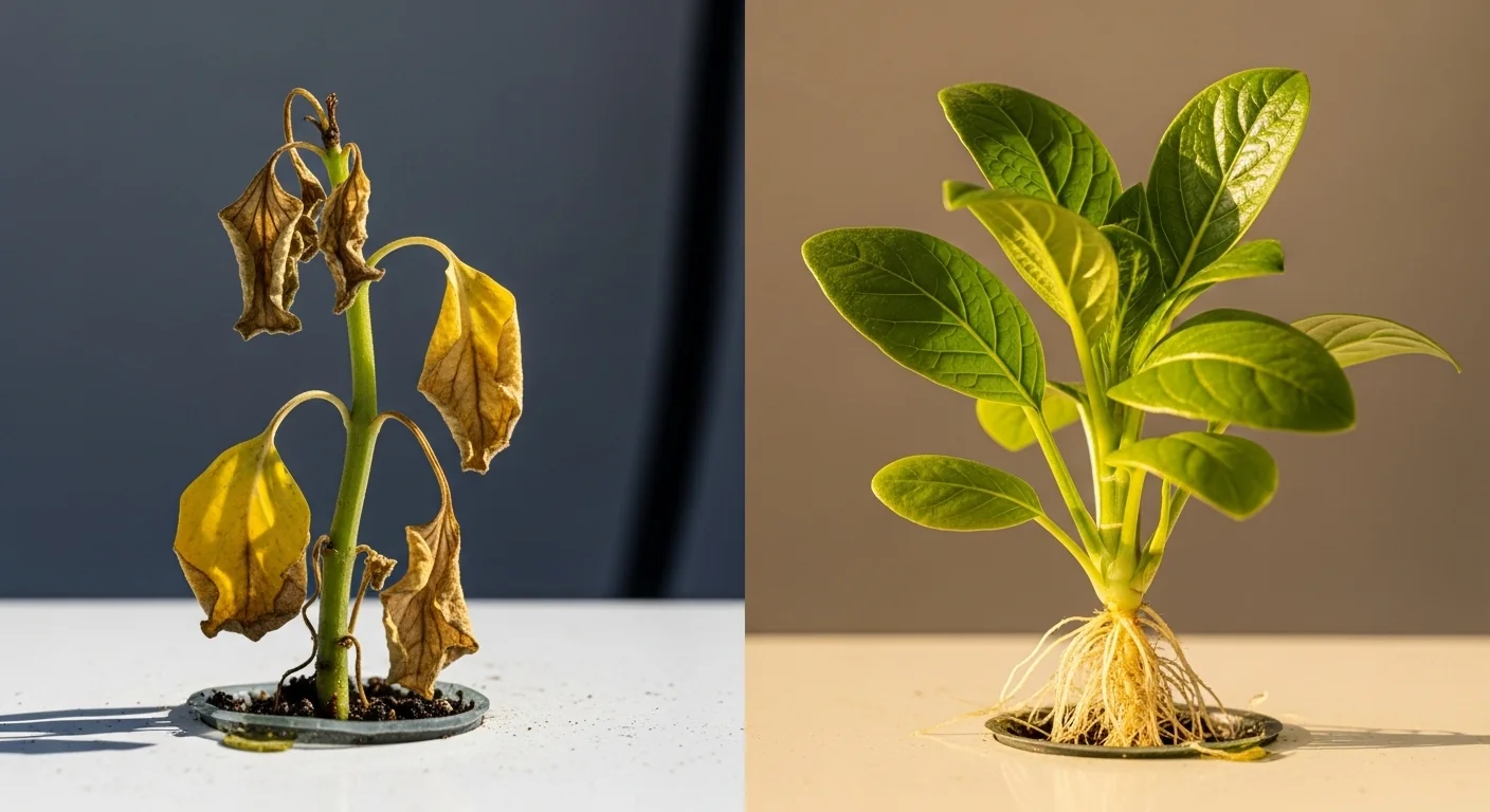 Side by side comparison of nutrient burn damage versus healthy growth using a Hydroponic EC Calculator.