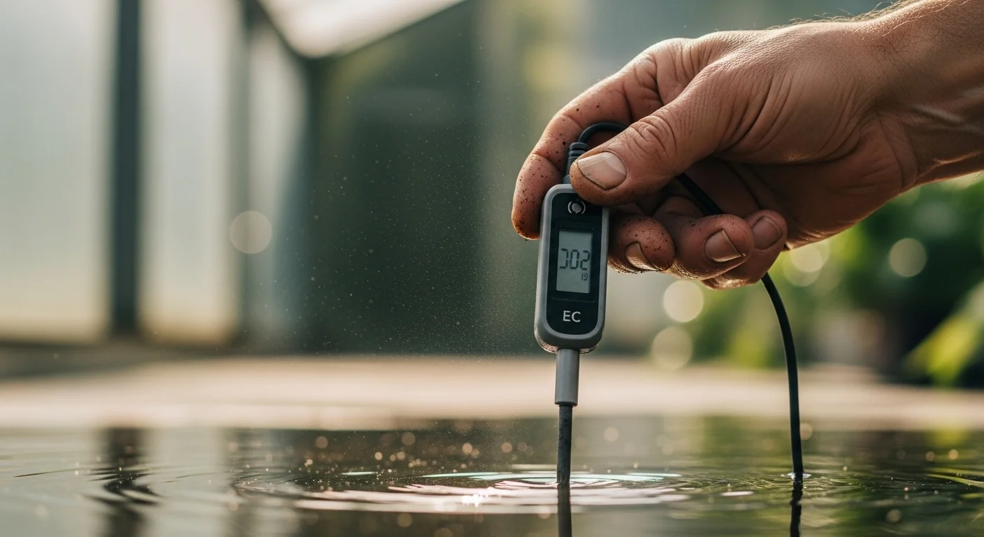 A gardener measuring base water starting EC before using a Hydroponic EC Calculator for nutrients.