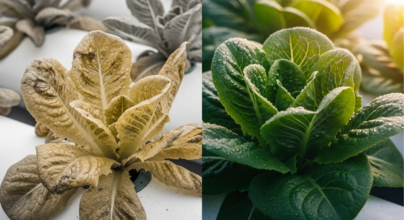 Side-by-side comparison of nutrient-locked yellow lettuce versus healthy green lettuce using Hydroponic pH Down Calculator.