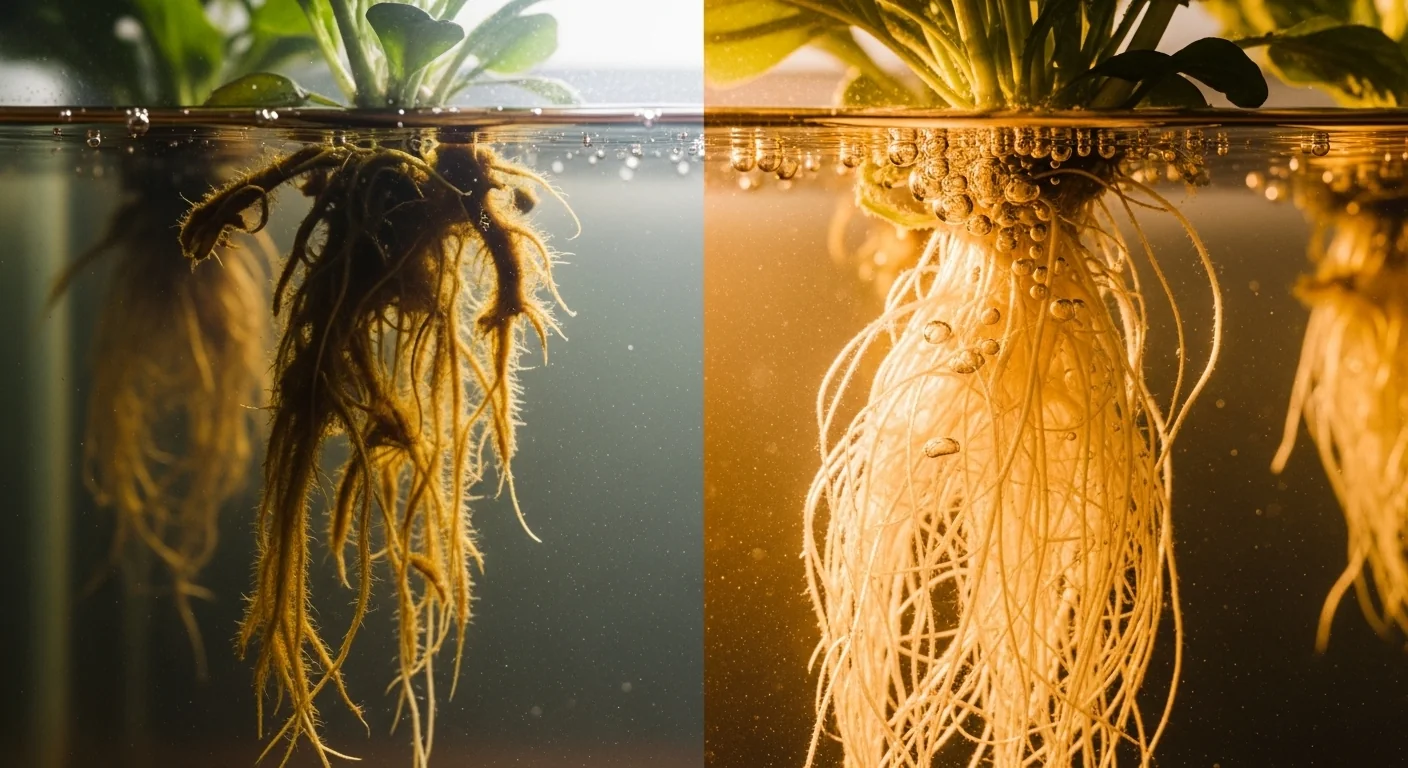 Side-by-side comparison of brown Pythium-infected roots versus healthy white roots using a chiller.