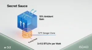 Technical diagram showing pump heat load and ambient gain logic for BTU calculation.