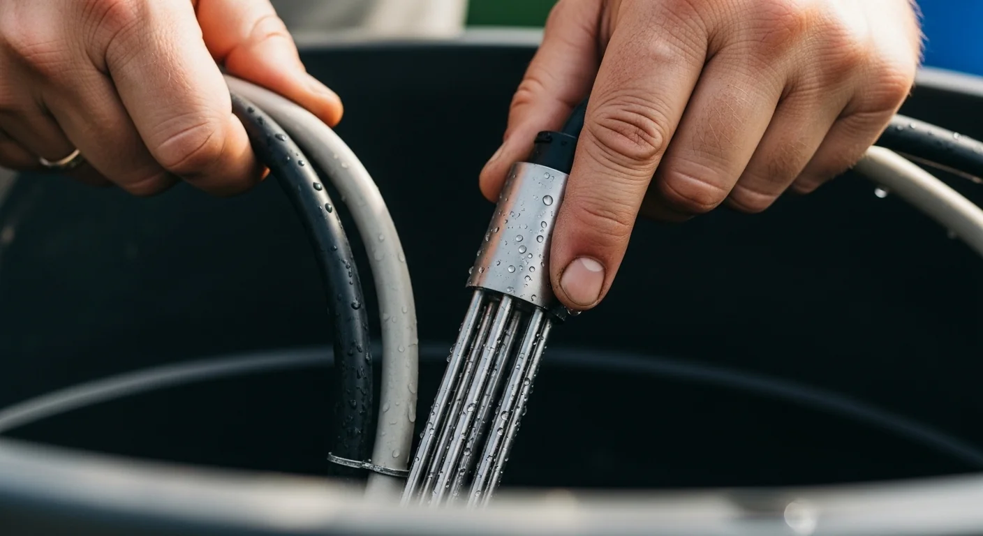 Close-up of a gardener installing a water chiller probe into a hydroponic reservoir.
