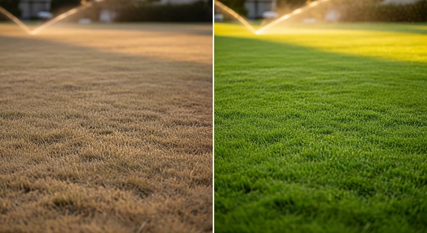 Dry patchy lawn versus lush uniform green turf after catch can test