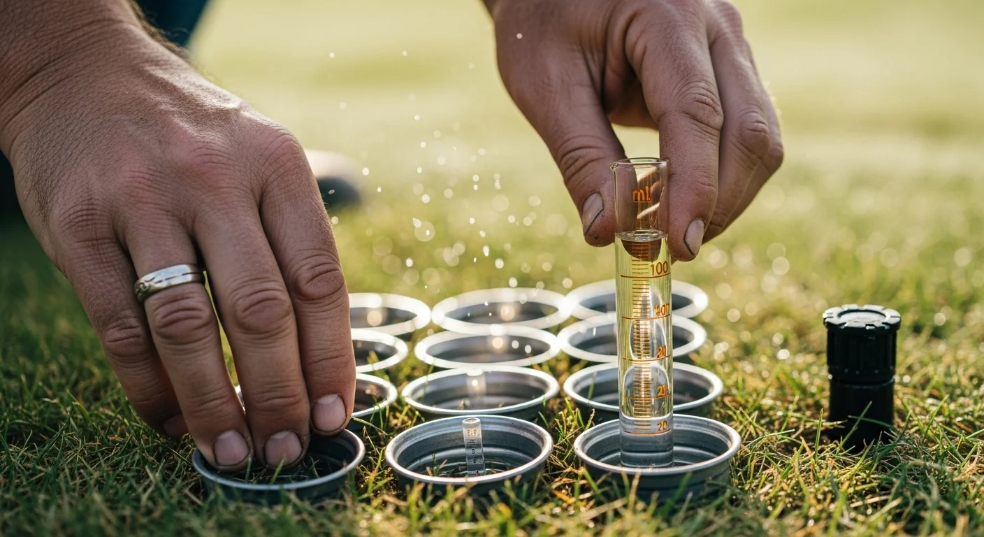 Gardener hands performing catch can test measuring sprinkler uniformity