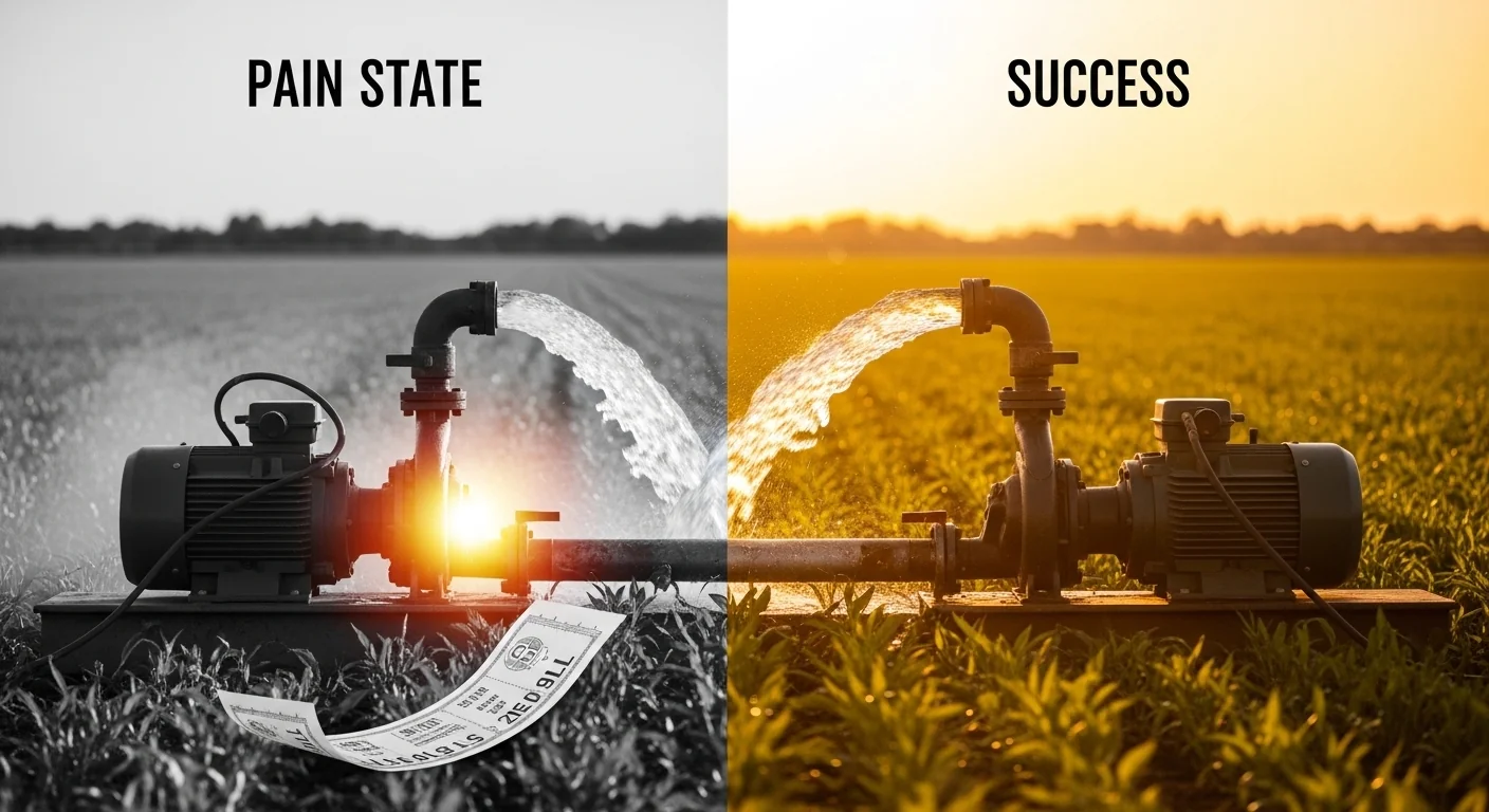 Irrigation pump sizing calculator showing inefficient oversized pump pain versus efficient matched system success in agricultural field