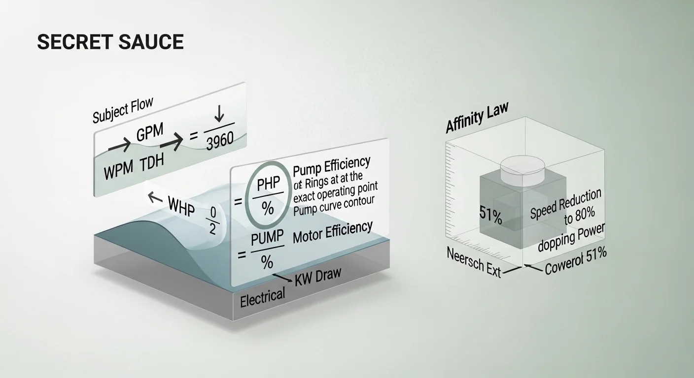 Irrigation pump sizing calculator logic diagram illustrating WHP BHP electrical conversion and pump affinity laws