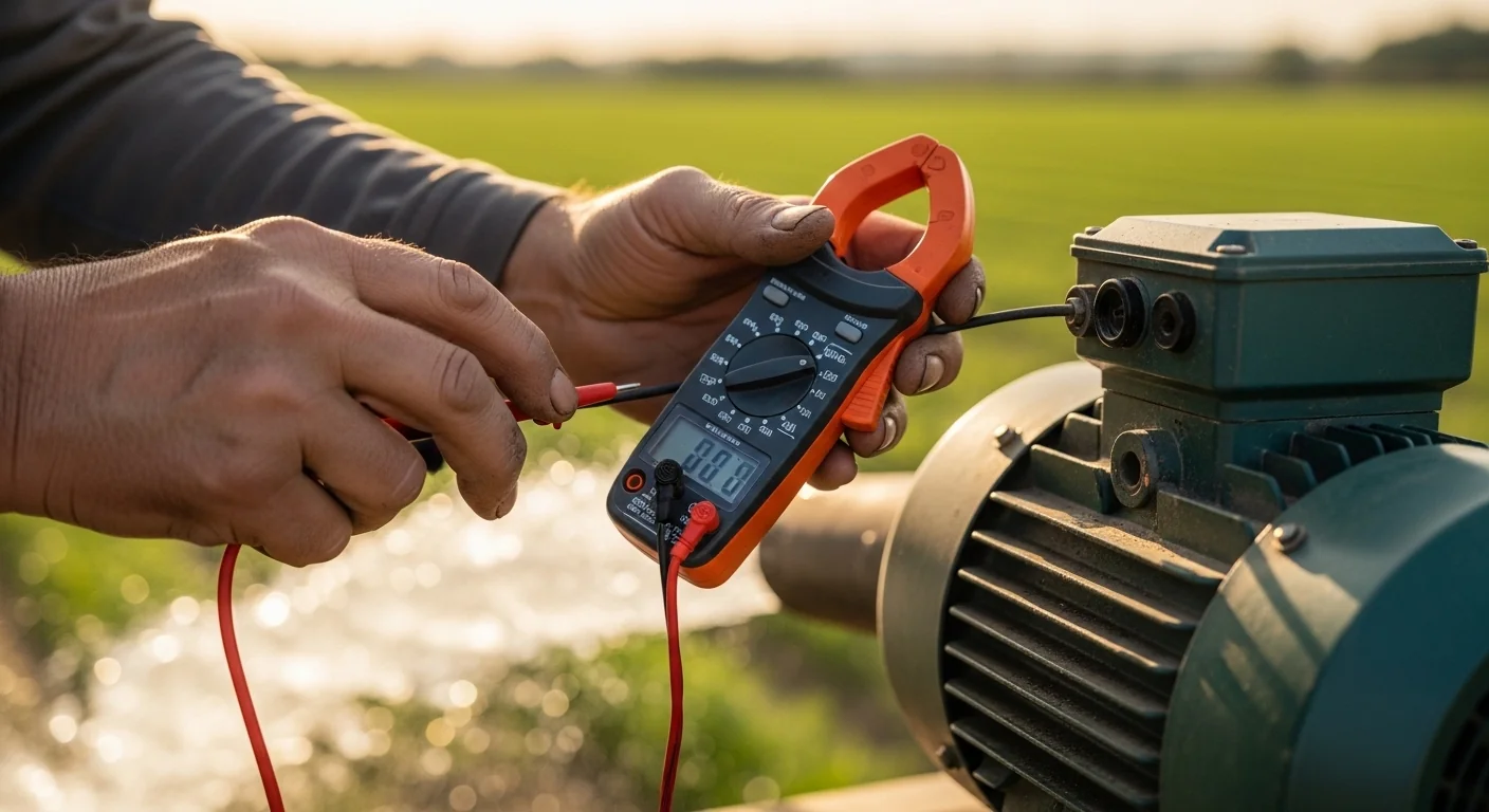 Irrigation pump sizing calculator in action with hands using multimeter to verify real electrical draw on agricultural pump