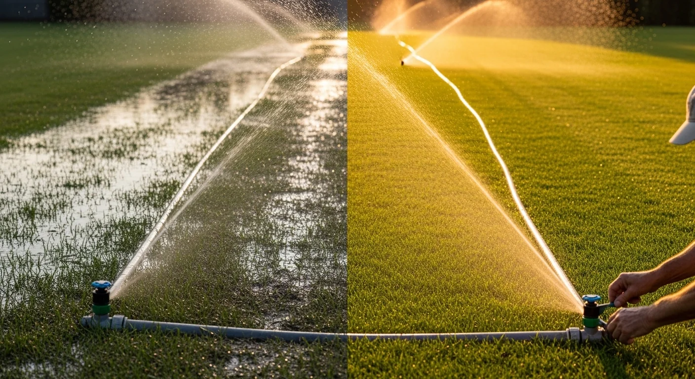 Irrigation wire size calculator showing flooded lawn versus healthy dry lawn from proper voltage drop prevention