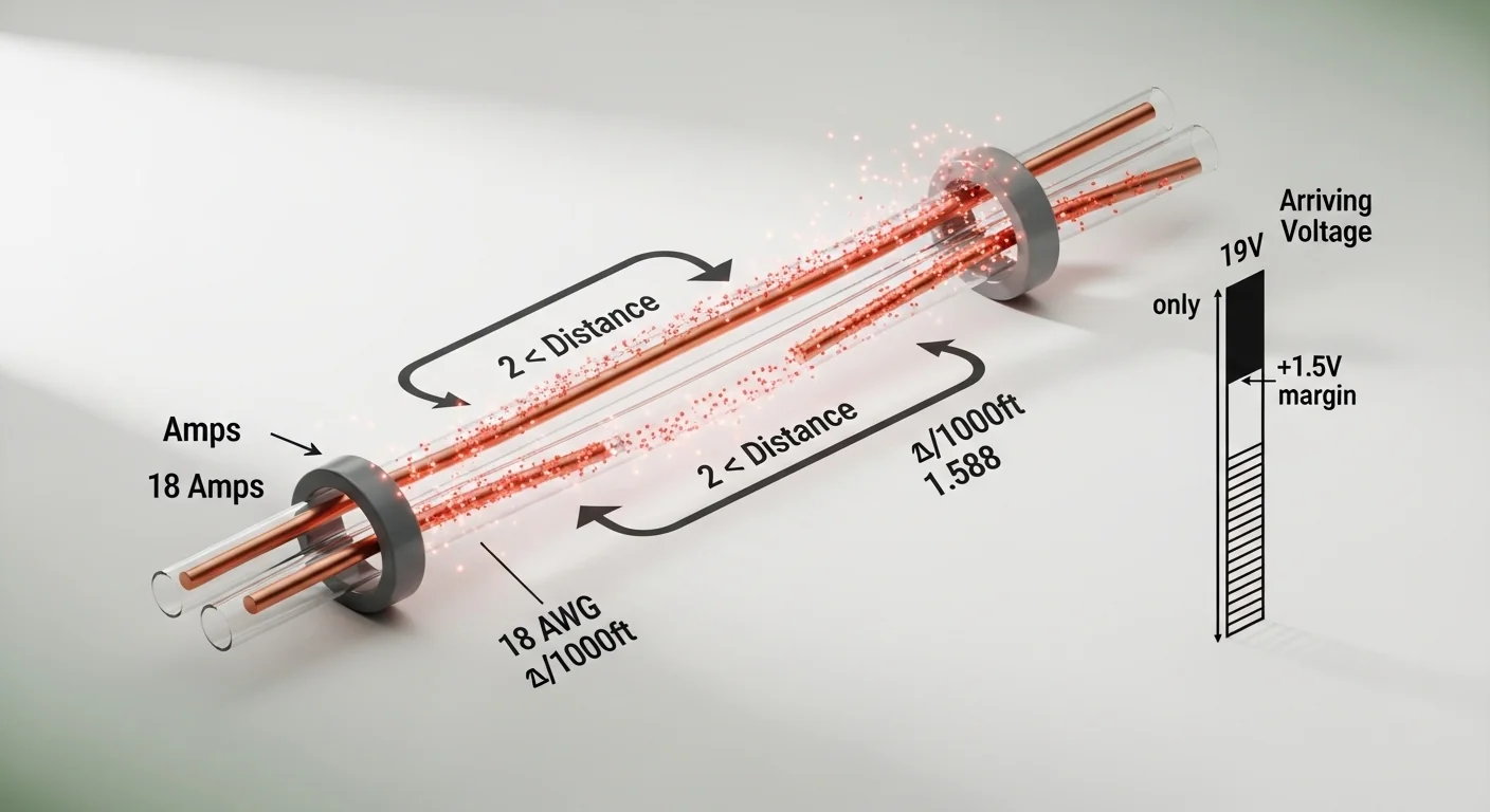 Irrigation wire size calculator round-trip voltage drop formula visualized with resistance and threshold gauge
