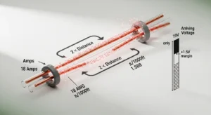 Irrigation wire size calculator round-trip voltage drop formula visualized with resistance and threshold gauge