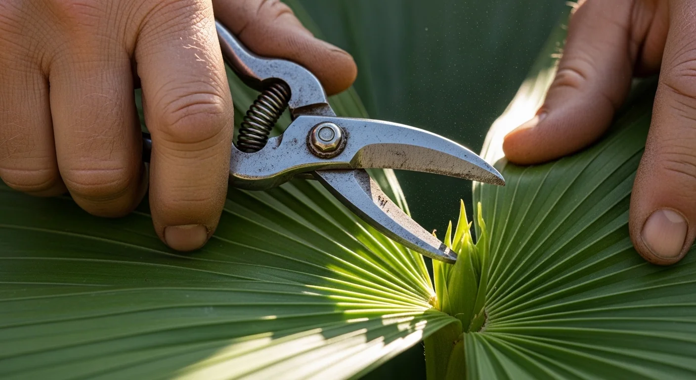 Gardener hands pruning fan leaves to improve penetration as recommended by the Leaf Area Index Calculator.
