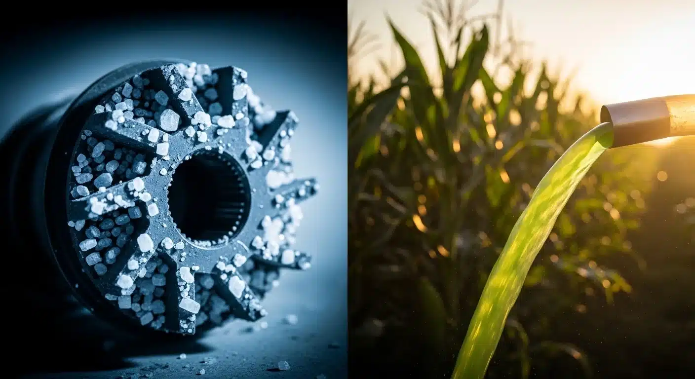 Split screen showing damaged crystallized pump vs successful liquid fertilizer application for N rate.