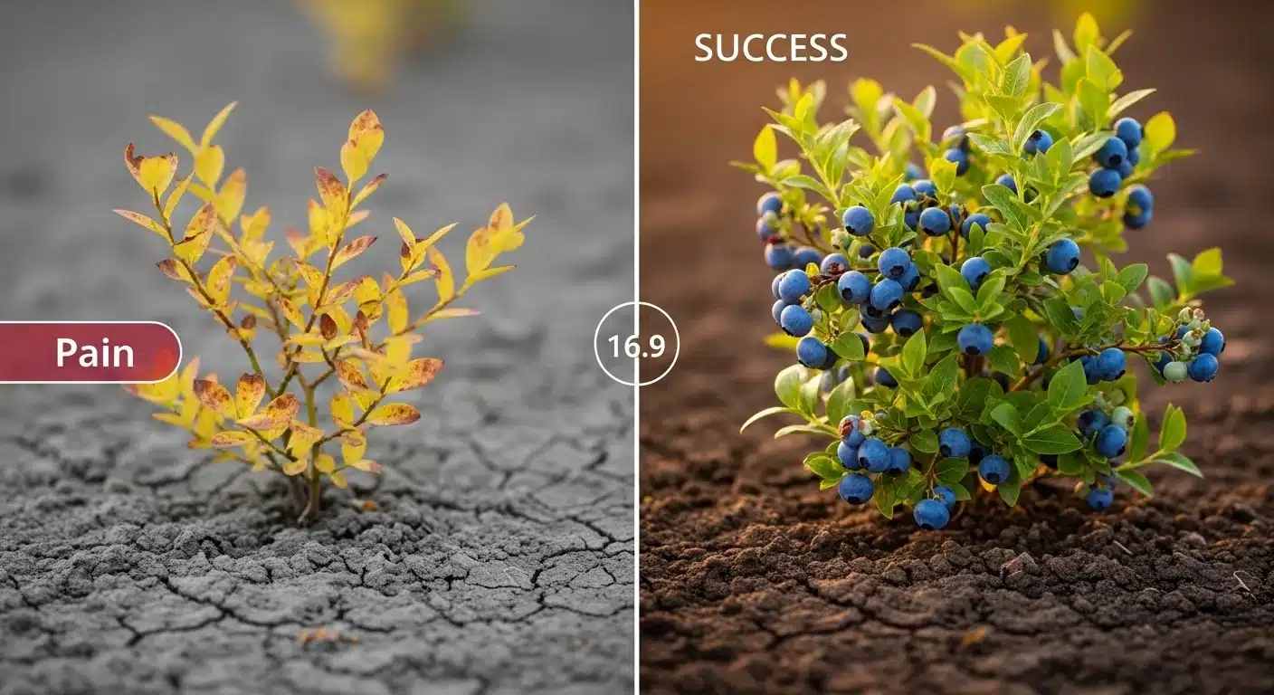 A split comparison showing yellowed blueberry leaves in alkaline soil vs green leaves using a Lower Soil pH Calculator.