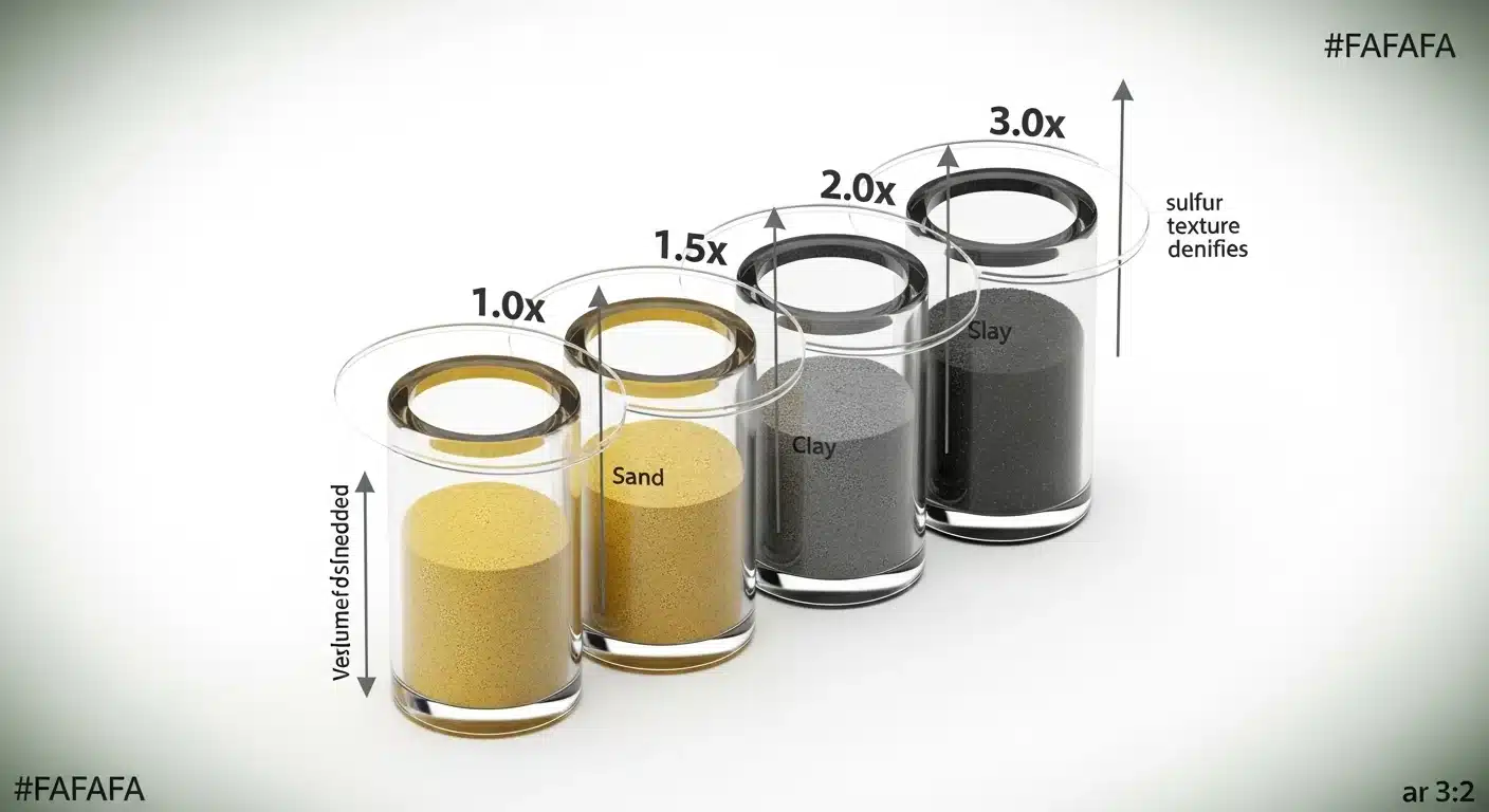 3D diagram showing how a Lower Soil pH Calculator increases sulfur rates from sandy soil to heavy clay.