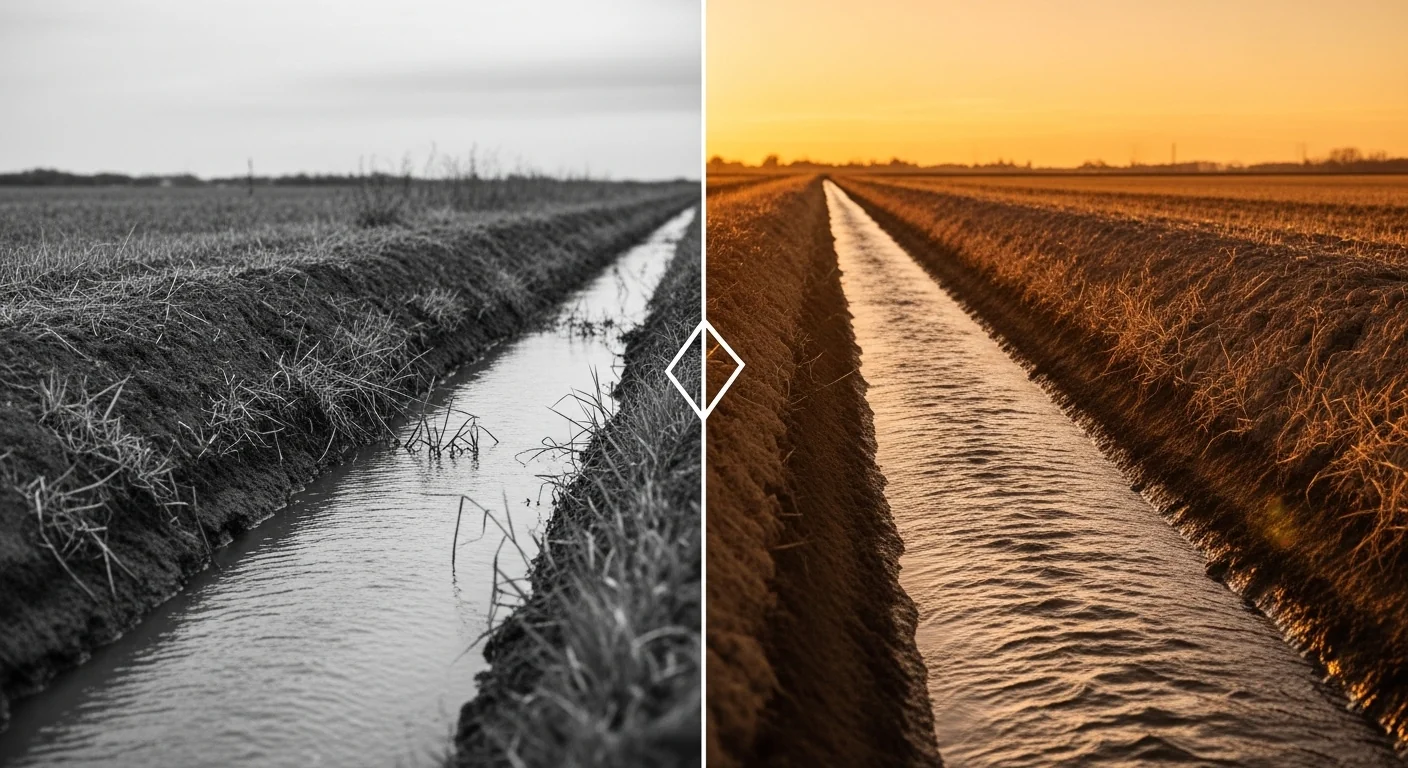 Manning's Equation Calculator showing silted ditch vs clean optimal flow