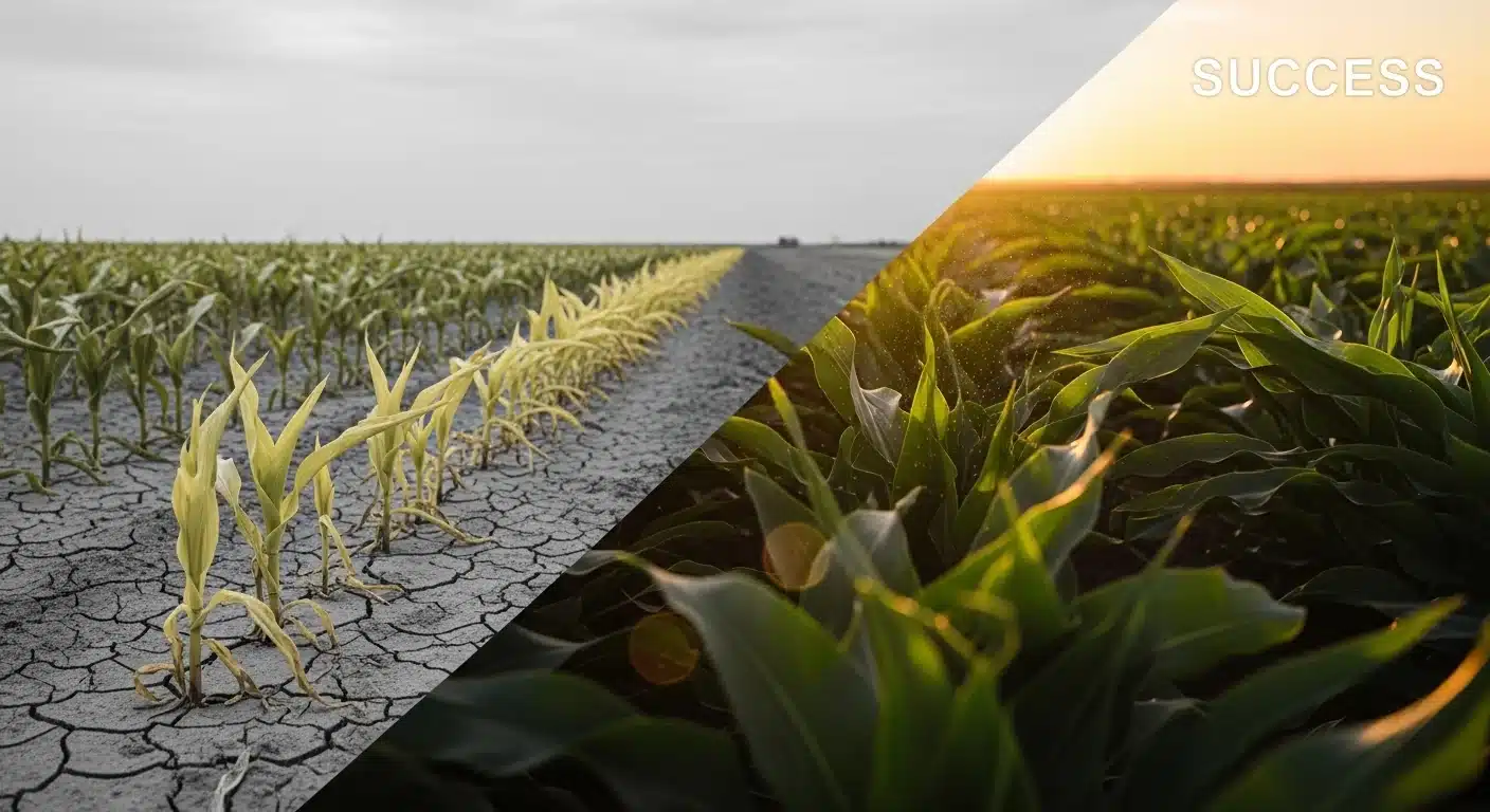 A Manure Nitrogen Availability Calculator visual comparing yellow nitrogen-deficient corn to healthy green crops.