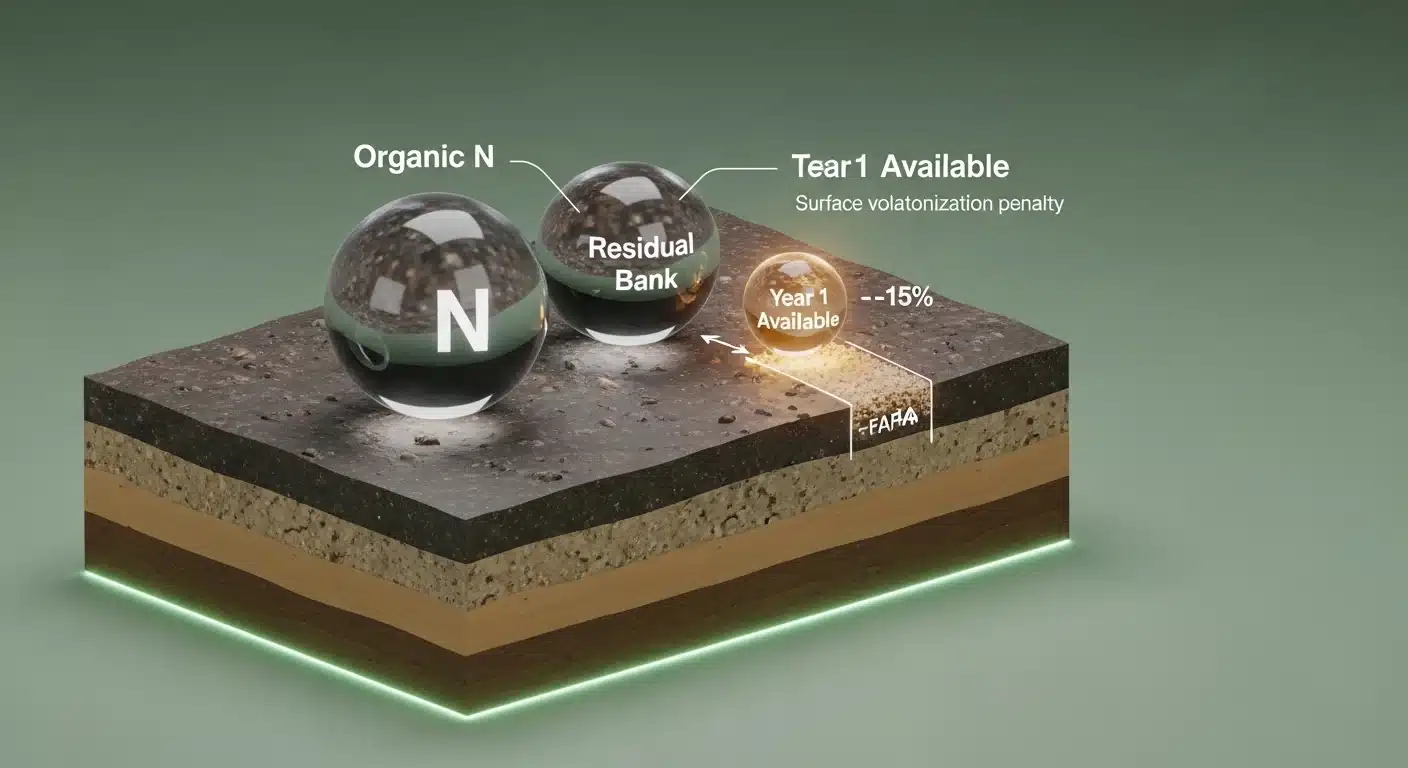 3D diagram showing mineralization logic for the Manure Nitrogen Availability Calculator including volatilization penalties.
