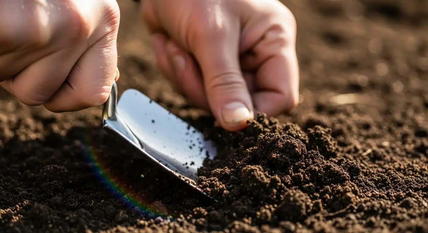 Close up of hands incorporating manure into soil to maximize nitrogen availability.