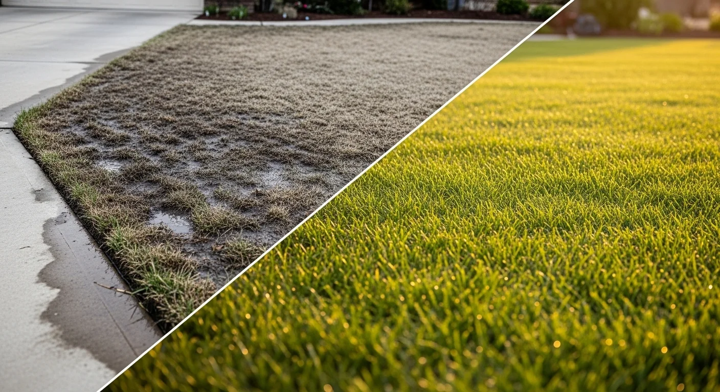 A split screen showing waterlogged turf vs healthy grass from a Matched Precipitation Rate Calculator.