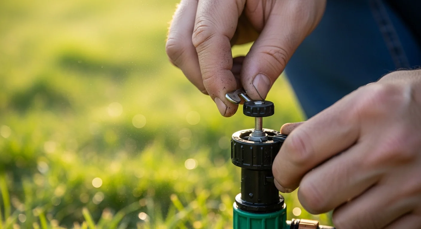 Gardener adjusting a sprinkler nozzle based on Matched Precipitation Rate Calculator results.