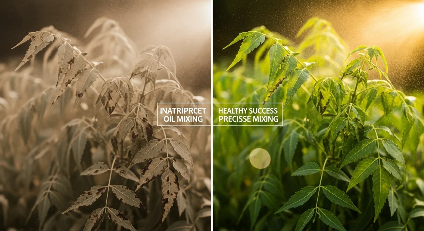Before and after comparison of damaged leaves versus healthy plants after correct neem oil mixing ratio