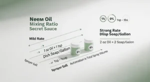 3D diagram showing proportional neem oil and dish soap scaling for any sprayer size in the mixing ratio calculator