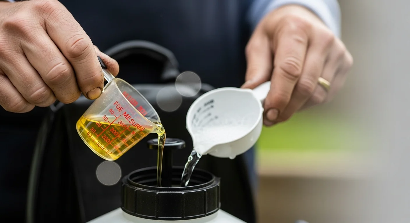 Gardener's hands measuring and mixing exact neem oil and soap amounts into a sprayer using the ratio calculator output