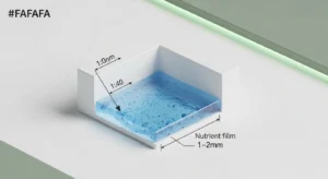 Technical diagram showing 1-2mm film depth logic used by the NFT Hydroponics Calculator.