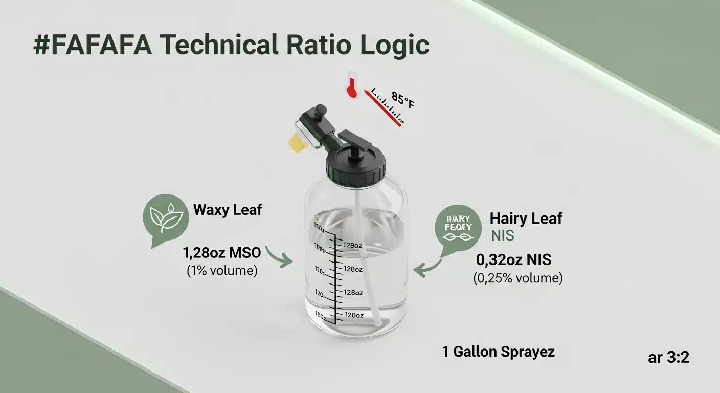 Technical diagram of Foliar Surfactant Ratio Calculator logic for MSO and NIS volumes.