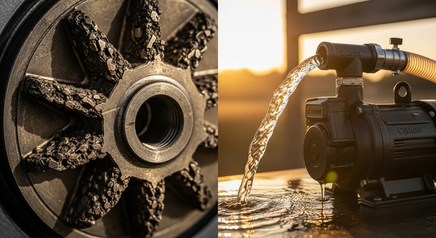 NPSH Calculator comparison showing a pitted cavitated impeller versus a smooth healthy pump.