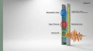 Technical 3D diagram showing how NPSH Calculator factors elevation, temperature, lift, and friction.