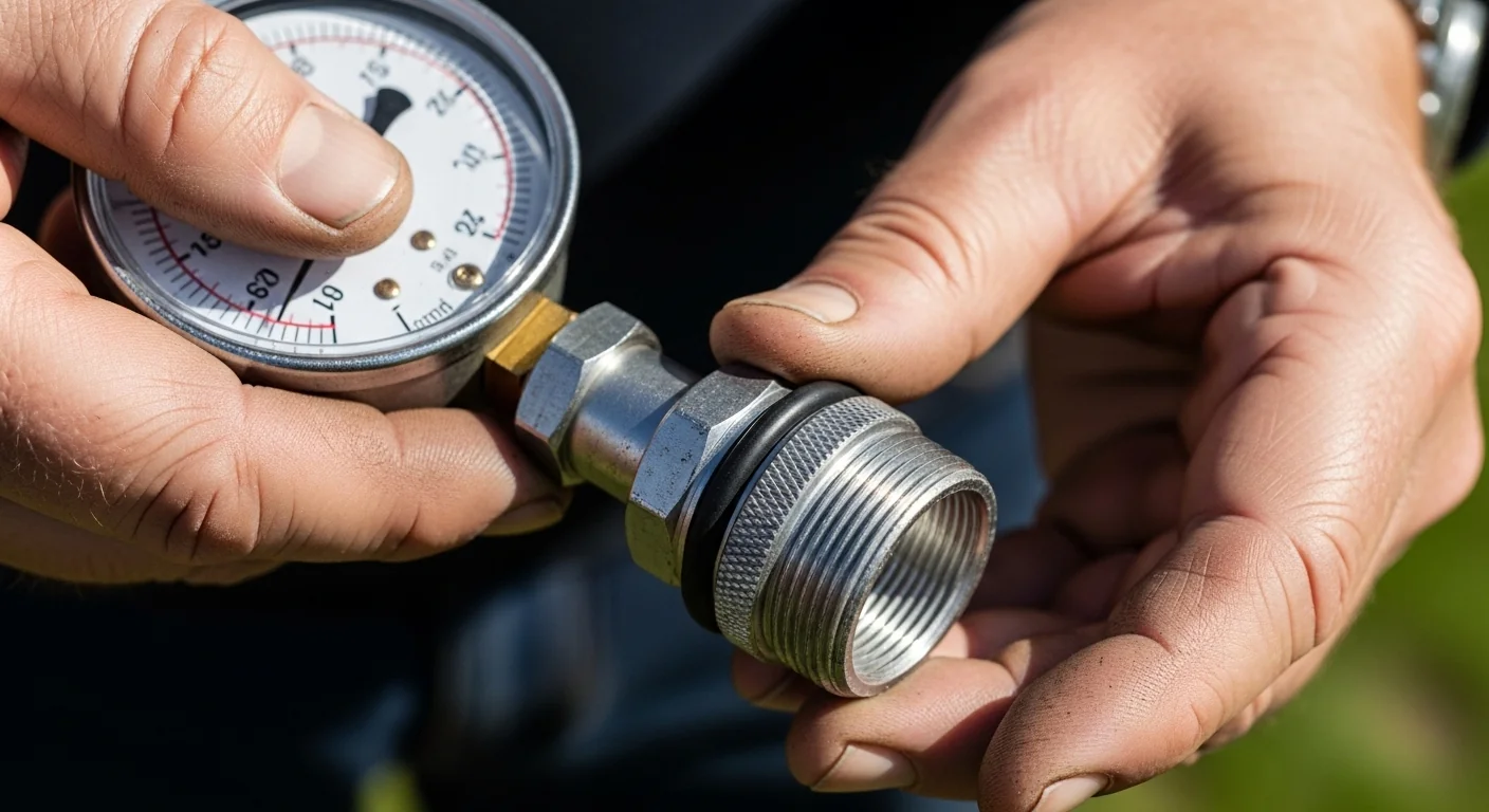 Hands installing a vacuum gauge on a pump suction port using NPSH Calculator data.