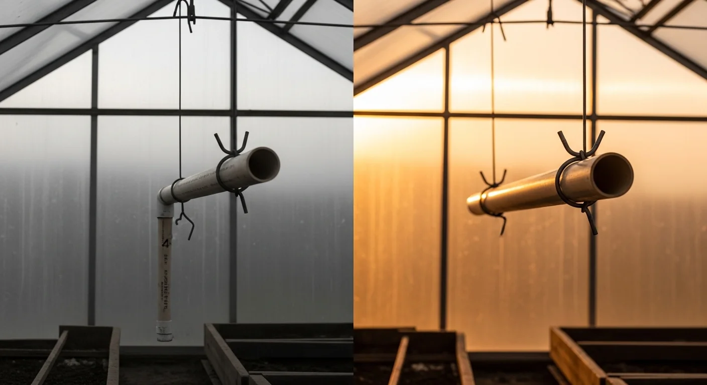 A Pipe Volume Calculator comparison showing a sagging broken pipe versus a properly supported system.