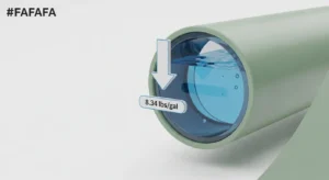 3D diagram from a Pipe Volume Calculator showing the conversion of gallons to pounds.