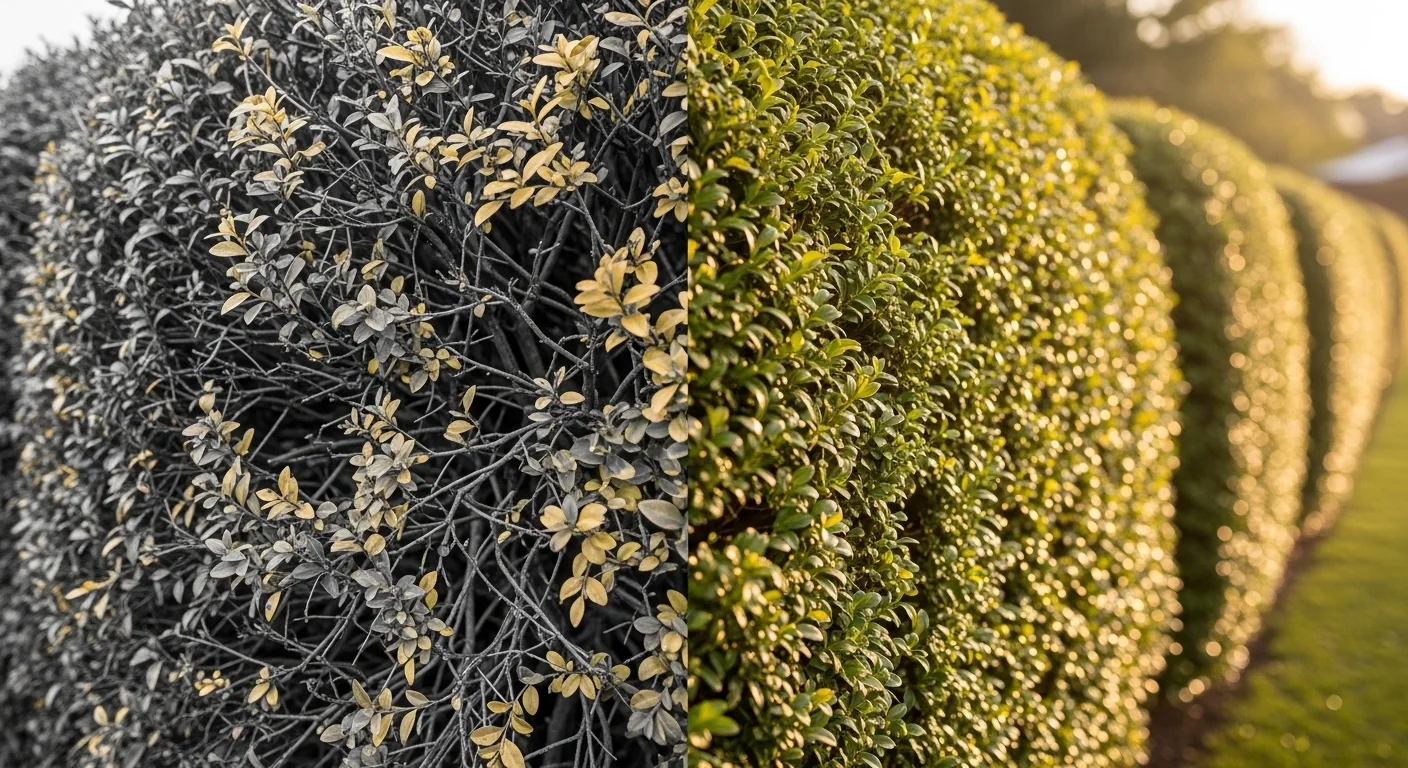 Plant spacing calculator showing crowded boxwood hedge versus healthy spaced planting