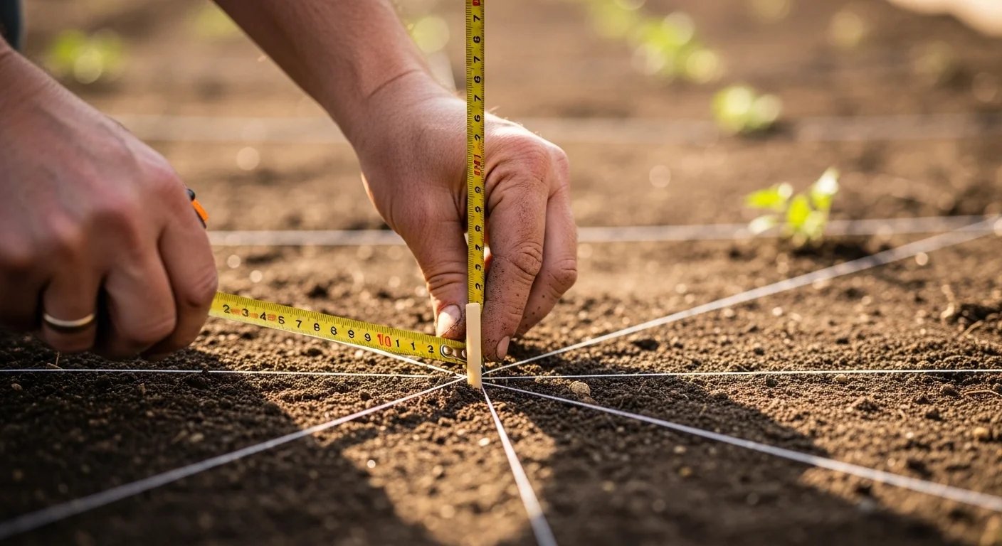 Gardener marking precise plant spacing in soil using the plant spacing calculator results