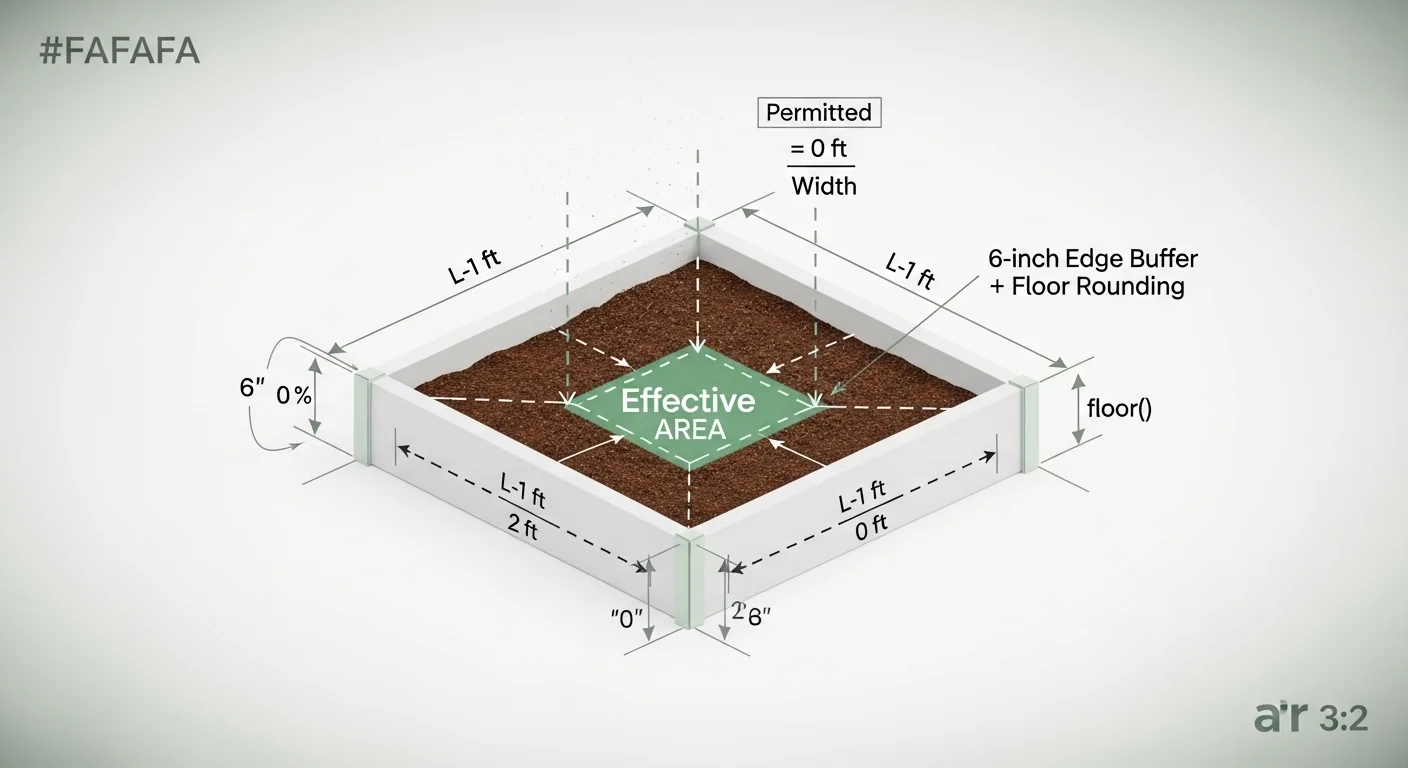 3D diagram of 6-inch edge buffer and floor rounding in plant spacing calculator